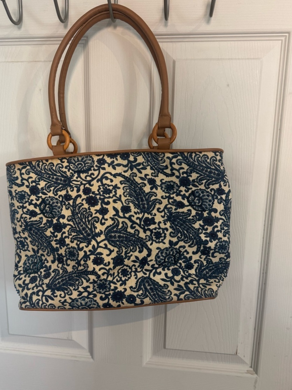 Paradox Blue Paisley Canvas Embroidered Tote with Tan Handles